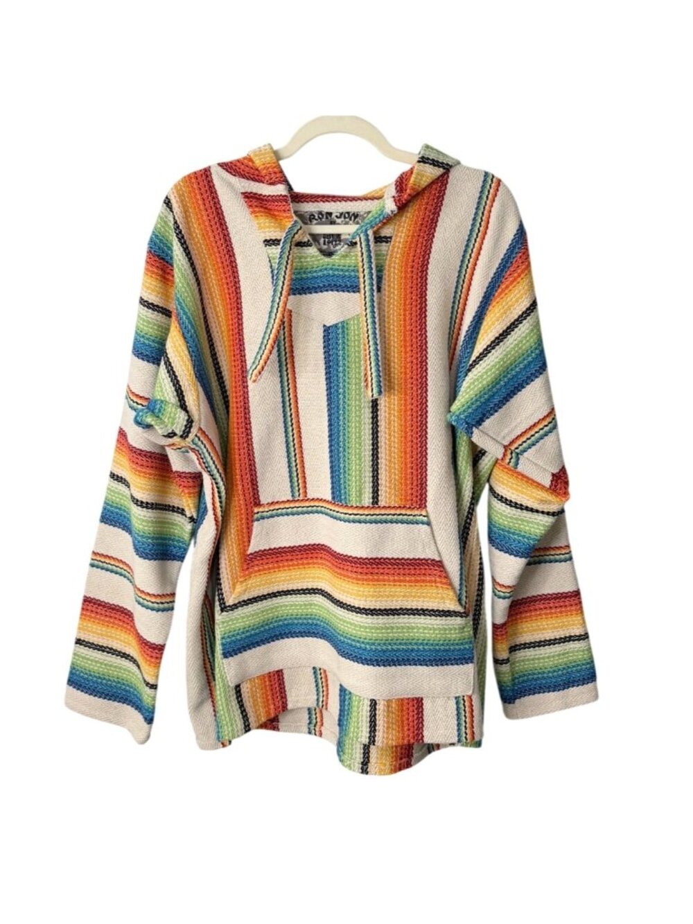 Ron Jon x Senor Lopez Baja Hoodie Size L Striped Pullover Cream Rainbow
